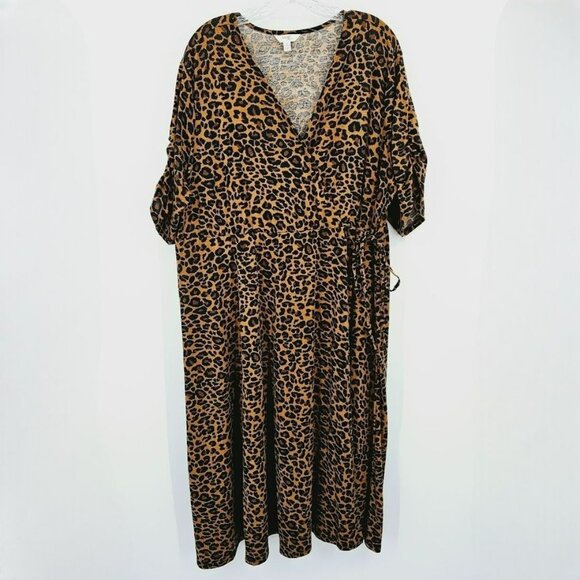 Terra & Sky Dress 2X Brown Black Leopard Faux Wrap Surplice Short Sleeve Midi - Picture 1 of 10